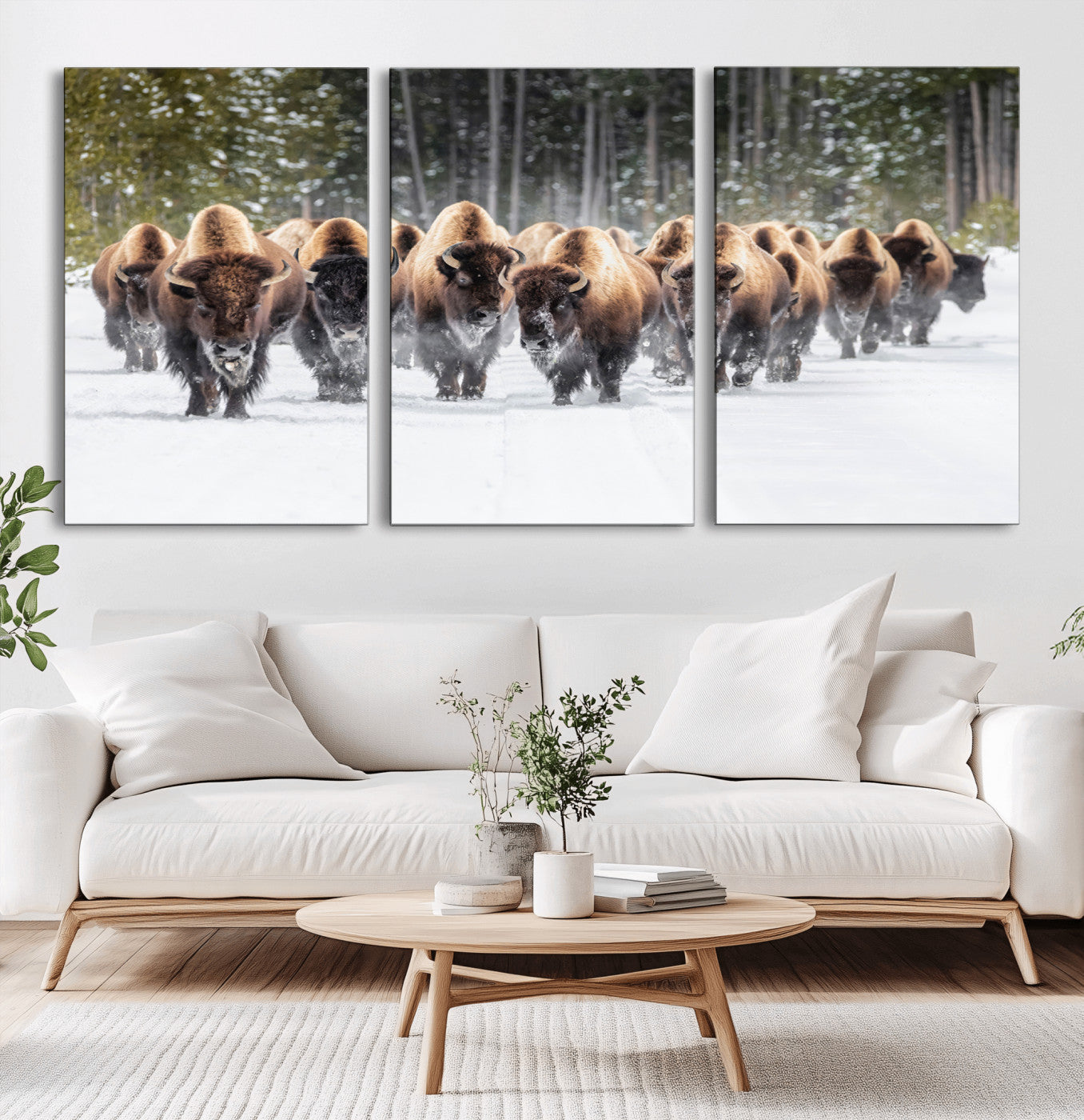 22695857-MGV-CV-36X24-Bison Herd Scene Wall Art Canvas Print, Framed Western Wildlife Art Picture Print, Rustic Animal Art Perfect Rustic Lodge Decor