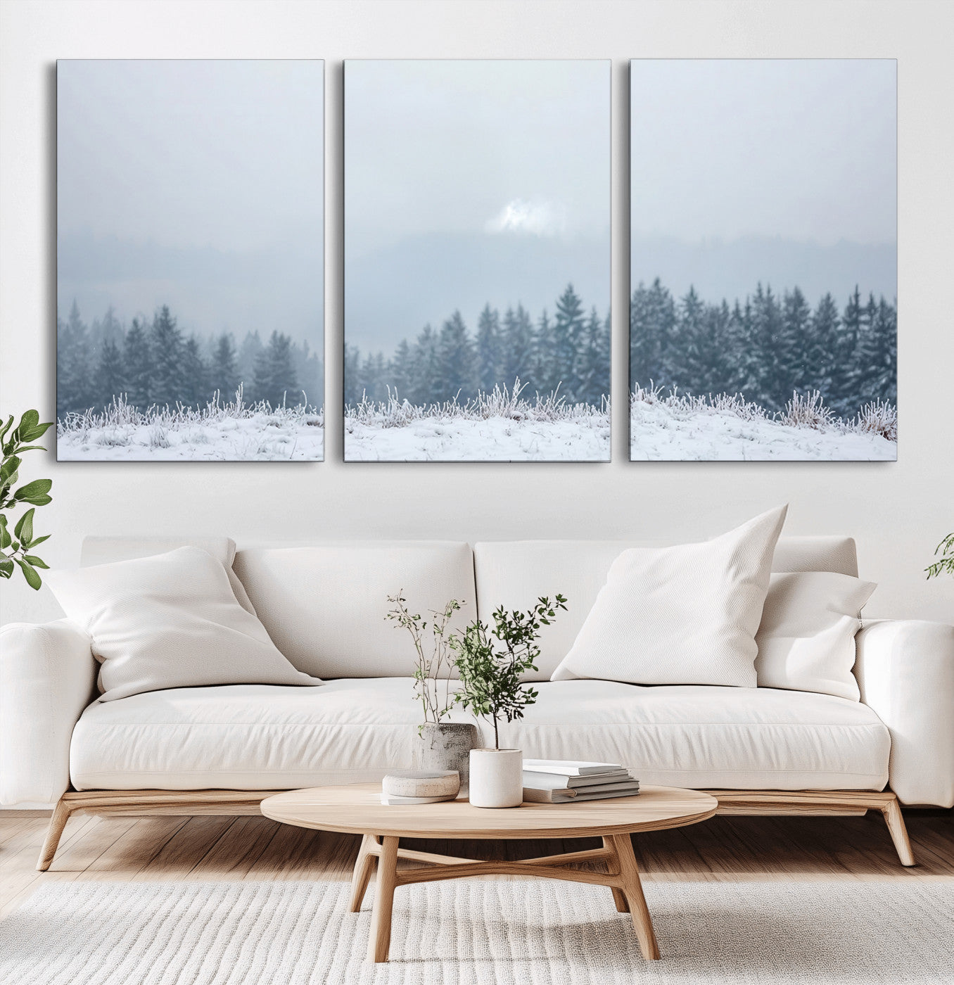 33033082-MGV-CV-60X30-3P-Winter Forest Art Wall Art Canvas Print, Framed Snowy Landscape Art Picture Print, Misty Tree Scene Perfect Nordic Minimalist