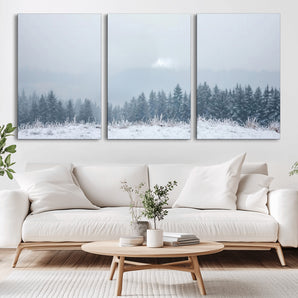 33033082-MGV-CV-36X24-Winter Forest Art Wall Art Canvas Print, Framed Snowy Landscape Art Picture Print, Misty Tree Scene Perfect Nordic Minimalist