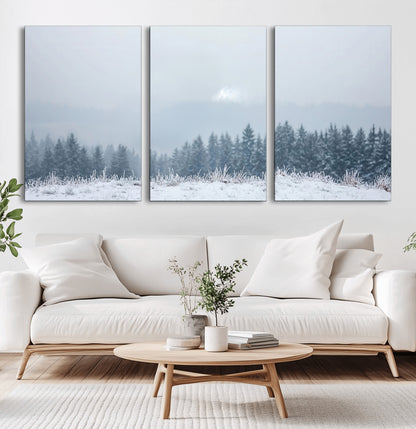 33033082-MGV-CV-36X24-Winter Forest Art Wall Art Canvas Print, Framed Snowy Landscape Art Picture Print, Misty Tree Scene Perfect Nordic Minimalist