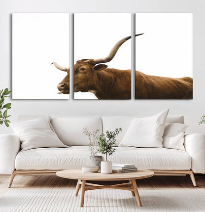 62566114-MGV-CV-60X30-3P-Longhorn Cow Art Wall Art Canvas Print, Framed Rustic Animal Decor Art Picture Print, Texas Bull Photo Perfect Rustic Farmhouse