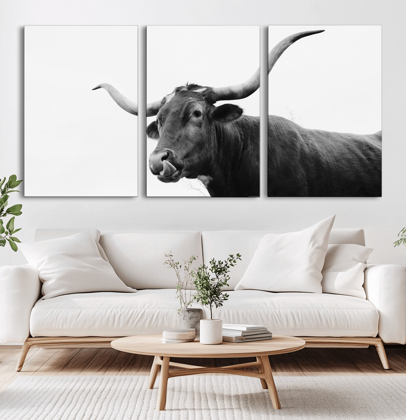 99244177-MGV-CV-36X24-Longhorn Photography Wall Art Canvas Print, Framed Western Cow Decor Art Picture Print, Black White Bull Perfect Modern Rustic