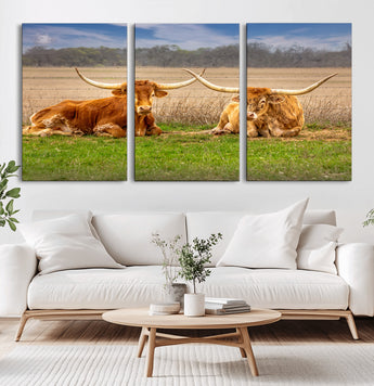 97244565-MGV-CV-60X30-3P-Longhorn Duo Wall Art Canvas Print, Framed Cozy Ranch Vibes Art Picture Print, Western Ranch Decor Perfect Rustic Farmhouse Decor