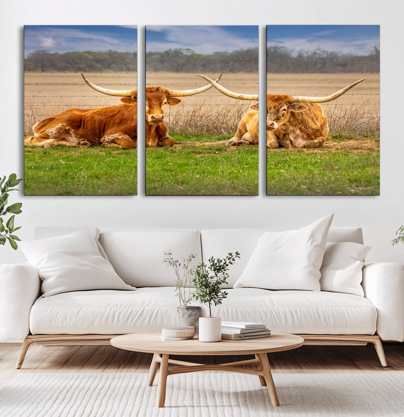 97244565-MGV-CV-36X24-Longhorn Duo Wall Art Canvas Print, Framed Cozy Ranch Vibes Art Picture Print, Western Ranch Decor Perfect Rustic Farmhouse Decor
