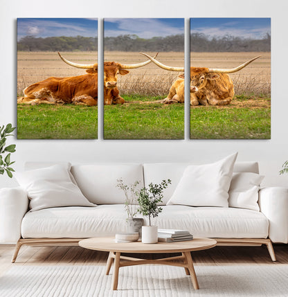 97244565-MGV-CV-36X24-Longhorn Duo Wall Art Canvas Print, Framed Cozy Ranch Vibes Art Picture Print, Western Ranch Decor Perfect Rustic Farmhouse Decor
