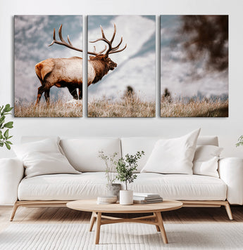 70489411-MGV-CV-60X30-3P-Elk Photography Wall Art Canvas Print, Framed Mountain Wildlife Art Picture Print, Rustic Nature Decor Perfect Rustic Lodge Decor