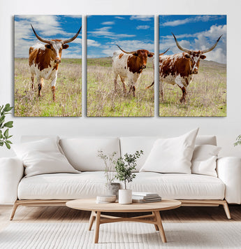 58099948-MGV-CV-60X30-3P-Texas Longhorn Wall Art Canvas Print, Framed Western Decor Art Picture Print, Rustic Farmhouse Perfect Western Farmhouse Decor
