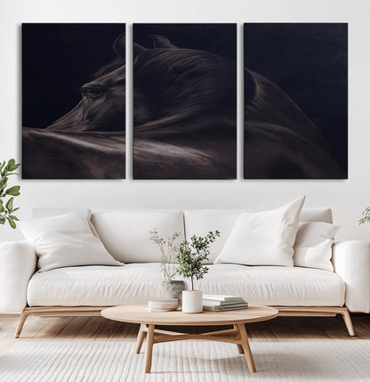 67026880-MGV-CV-60X30-3P-Black Horse Portrait Wall Art Canvas Print, Framed Moody Horse Decor Art Picture Print, Equestrian Wall Style Perfect Masculine