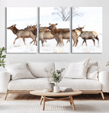 68738684-MGV-CV-60X30-3P-Winter Elk Scene Wall Art Canvas Print, Framed Wildlife Photography Art Picture Print, Snowy Deer Decor Perfect Rustic Lodge Decor