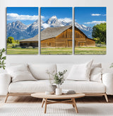 75948467-MGV-CV-60X30-3P-Mountain Barn Scene Wall Art Canvas Print, Framed Rustic Farmhouse Style Art Picture Print, Country Cabin Decor Perfect Rustic