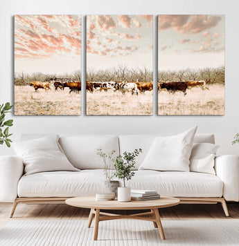 43704663-MGV-CV-60X30-3P-Country Cow Herd Wall Art Canvas Print, Framed Farmhouse Cattle Scene Art Picture Print, Rustic Ranch Decor Perfect Rustic