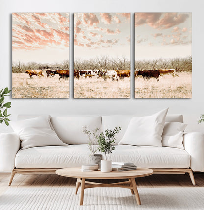 43704663-MGV-CV-60X30-3P-Country Cow Herd Wall Art Canvas Print, Framed Farmhouse Cattle Scene Art Picture Print, Rustic Ranch Decor Perfect Rustic
