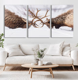 36507609-MGV-CV-60X30-3P-Elk Clash Scene Wall Art Canvas Print, Framed Wildlife Strength Decor Art Picture Print, Snowy Forest Elk Perfect Rustic Lodge