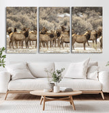90269422-MGV-CV-36X24-Elk Herd Scene Wall Art Canvas Print, Framed Rustic Wildlife Decor Art Picture Print, Western Cabin Style Perfect Rustic Lodge