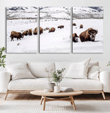 13891210-MGV-CV-60X30-3P-Bison Herd Scene Wall Art Canvas Print, Framed Western Wildlife Decor Art Picture Print, Snowy Mountain Valley Perfect Rustic