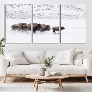 56216945-MGV-CV-36X24-Bison Herd Decor Wall Art Canvas Print, Framed Snowy Bison Scene Art Picture Print, Winter Wildlife Theme Perfect Rustic Western