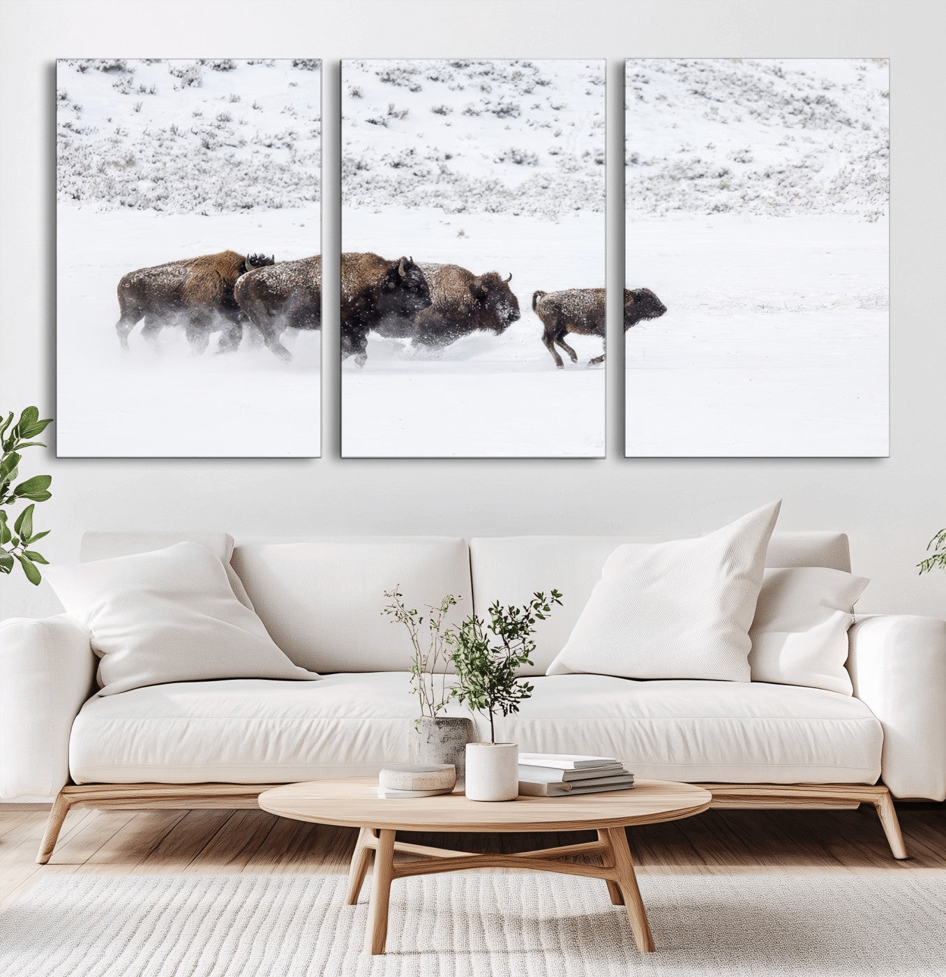 56216945-MGV-CV-36X24-Bison Herd Decor Wall Art Canvas Print, Framed Snowy Bison Scene Art Picture Print, Winter Wildlife Theme Perfect Rustic Western