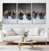41669135-MGV-CV-36X24-Bison Herd Scene Wall Art Canvas Print, Framed Rustic Wildlife Decor Art Picture Print, Snowy Bison Landscape Perfect Rustic