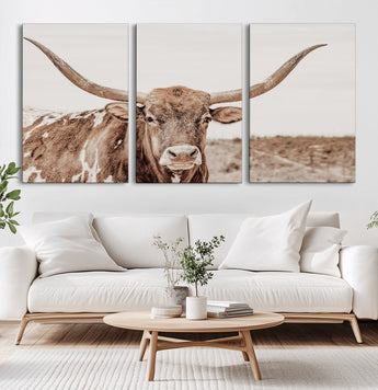 77810049-MGV-CV-60X30-3P-Longhorn Bull Photo Wall Art Canvas Print, Framed Rustic Cow Decor Art Picture Print, Neutral Farmhouse Style Perfect Rustic