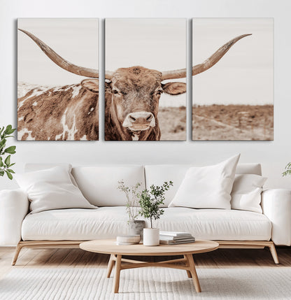 77810049-MGV-CV-36X24-Longhorn Bull Photo Wall Art Canvas Print, Framed Rustic Cow Decor Art Picture Print, Neutral Farmhouse Style Perfect Rustic