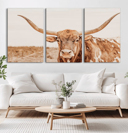 74406977-MGV-CV-36X24-Longhorn Bull Decor Wall Art Canvas Print, Framed Western Cow Theme Art Picture Print, Rustic Farmhouse Wall Perfect Neutral