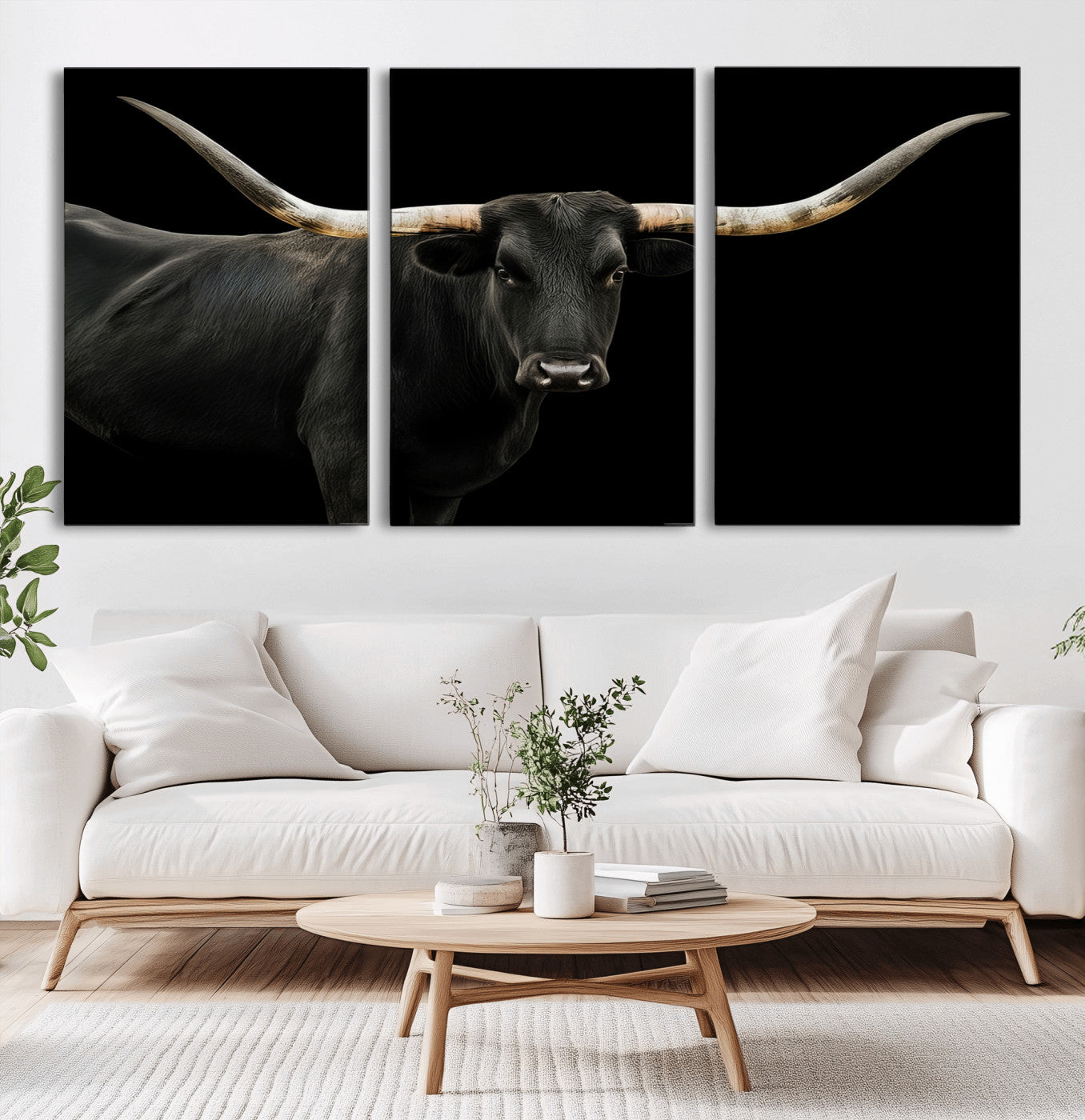 23572907-MGV-CV-60X30-3P-Texas Longhorn Wall Art Canvas Print, Framed Rustic Western Decor Art Picture Print, Farmhouse Animal Perfect Modern Western