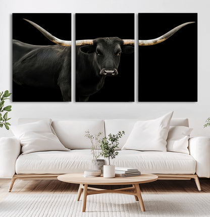 23572907-MGV-CV-60X30-3P-Texas Longhorn Wall Art Canvas Print, Framed Rustic Western Decor Art Picture Print, Farmhouse Animal Perfect Modern Western