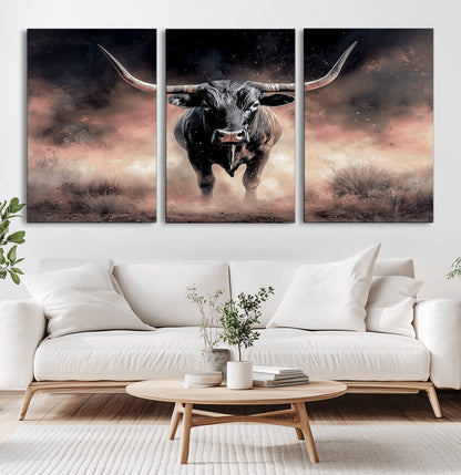 71457818-MGV-CV-36X24-Longhorn Wall Art Wall Art Canvas Print, Framed Western Bull Canvas Art Picture Print, Rustic Cow Decor Perfect Western Dramatic