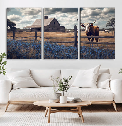 51092814-MGV-CV-36X24-Texas Longhorn Wall Art Wall Art Canvas Print, Framed Rustic Barn Canvas Art Picture Print, Farmhouse Cow Decor Perfect Rustic