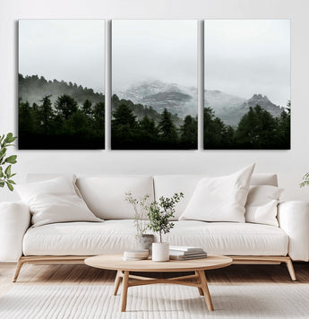55968349-MGV-CV-36X24-Misty Mountains Wall Art Canvas Print, Framed Foggy Forest Art Picture Print, Snowy Peaks Perfect Moody Wilderness Decor Artwork