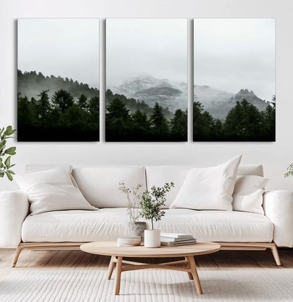 55968349-MGV-CV-36X24-Misty Mountains Wall Art Canvas Print, Framed Foggy Forest Art Picture Print, Snowy Peaks Perfect Moody Wilderness Decor Artwork