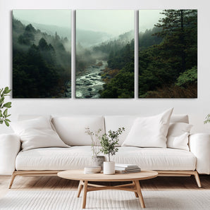 48497565-MGV-CV-36X24-Misty Forest Wall Art Canvas Print, Framed Foggy River Art Picture Print, Moody Landscape Perfect Moody Wilderness Decor Artwork