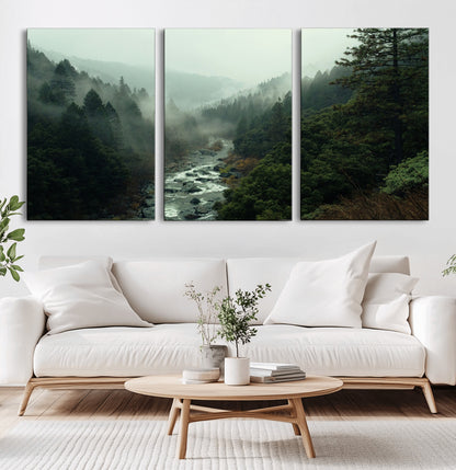 48497565-MGV-CV-36X24-Misty Forest Wall Art Canvas Print, Framed Foggy River Art Picture Print, Moody Landscape Perfect Moody Wilderness Decor Artwork