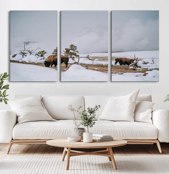 60308289-MGV-CV-36X24-Bison Wildlife Wall Art Canvas Print, Framed Snowy Prairie Art Picture Print, Western Landscape Perfect Rustic Winter Decor