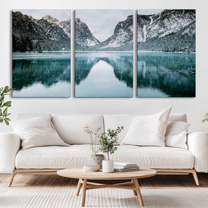 73098373-MGV-CV-36X24-Mountain Lake Wall Art Canvas Print, Framed Winter Wonderland Art Picture Print, Snowy Peaks Perfect Modern Nature Decor Artwork