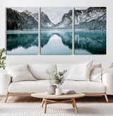 73098373-MGV-CV-36X24-Mountain Lake Wall Art Canvas Print, Framed Winter Wonderland Art Picture Print, Snowy Peaks Perfect Modern Nature Decor Artwork