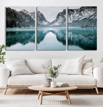 73098373-MGV-CV-36X24-Mountain Lake Wall Art Canvas Print, Framed Winter Wonderland Art Picture Print, Snowy Peaks Perfect Modern Nature Decor Artwork