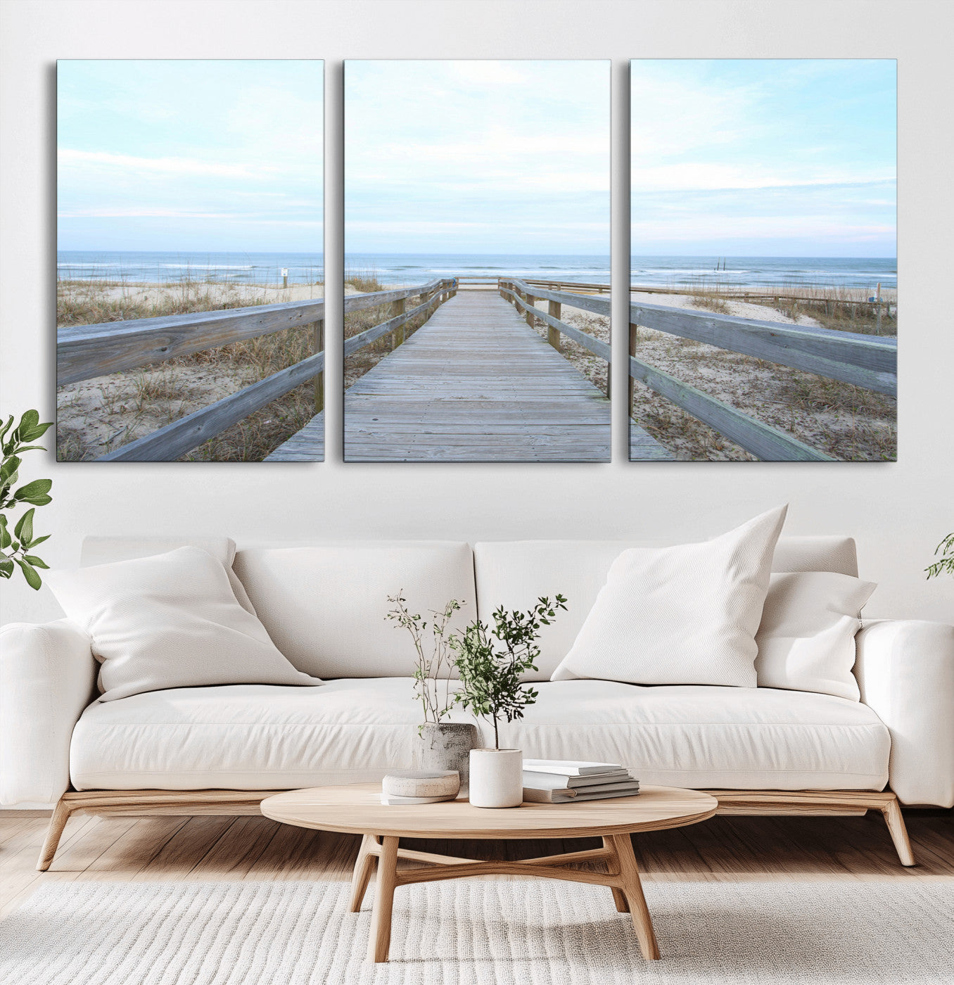 31602988-MGV-CV-36X24-Beach Boardwalk Wall Art Canvas Print, Framed Coastal Serenity Art Picture Print, Ocean View Perfect Coastal Minimalist Decor
