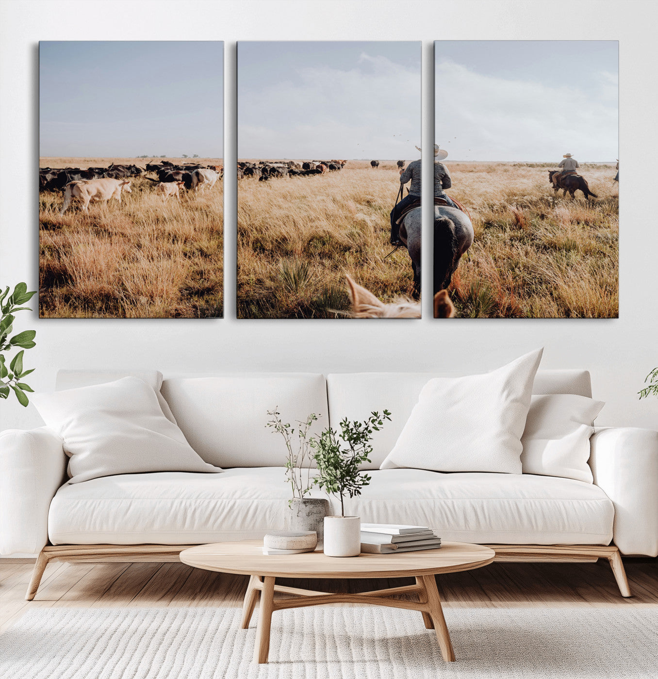 22431577-MGV-CV-36X24-Western Wall Art Wall Art Canvas Print, Framed Cowboy Canvas Art Picture Print, Cattle Drive Scene Perfect Rustic Western Decor