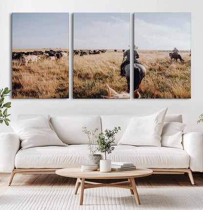 22431577-MGV-CV-36X24-Western Wall Art Wall Art Canvas Print, Framed Cowboy Canvas Art Picture Print, Cattle Drive Scene Perfect Rustic Western Decor