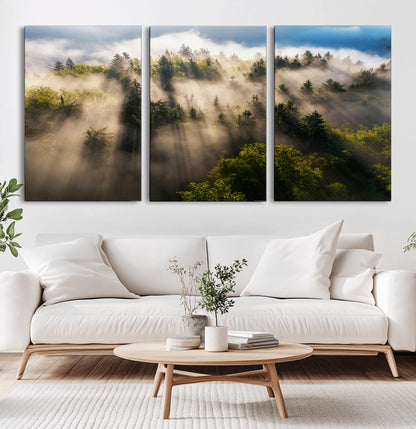 14785710-MGV-CV-36X24-Tranquil Forest Scene Wall Art Canvas Print, Framed Sunbeam Through Trees Art Picture Print, Moody Green Wall Art Perfect