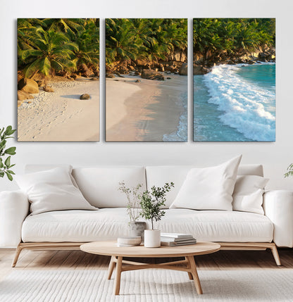 82312665-MGV-CV-36X24-Tropical Beach Wall Art Canvas Print, Framed Ocean Waves Art Picture Print, Palm Trees Perfect Coastal Minimalist Decor Artwork