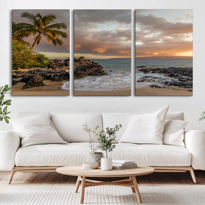 55108220-MGV-CV-36X24-Tropical Beach Wall Art Canvas Print, Framed Hawaiian Sunset Art Picture Print, Ocean Waves Perfect Coastal Tropical Decor Artwork