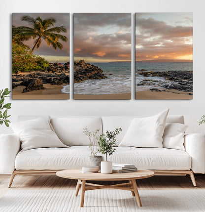 55108220-MGV-CV-36X24-Tropical Beach Wall Art Canvas Print, Framed Hawaiian Sunset Art Picture Print, Ocean Waves Perfect Coastal Tropical Decor Artwork