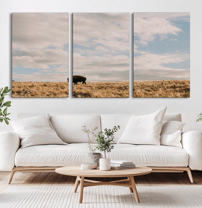 22754563-MGV-CV-36X24-Earthy Tones Wall Art Canvas Print, Framed Rustic Nature Art Picture Print, Solitary Buffalo Perfect Western Minimalist Decor