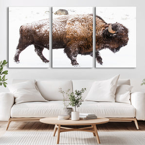 94261165-MGV-CV-36X24-Snowy Buffalo Wall Art Canvas Print, Framed Wildlife Photography Art Picture Print, Brown Tones Perfect Rustic Lodge Decor Decor