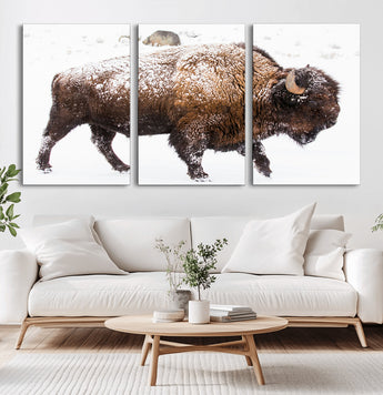 94261165-MGV-CV-36X24-Snowy Buffalo Wall Art Canvas Print, Framed Wildlife Photography Art Picture Print, Brown Tones Perfect Rustic Lodge Decor Decor