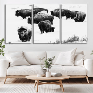18914414-MGV-CV-36X24-Buffalo Herd Wall Art Canvas Print, Framed Black and White Art Picture Print, Snowy Landscape Perfect Rustic Lodge Decor Decor
