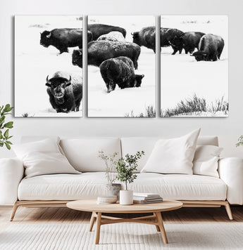 18914414-MGV-CV-36X24-Buffalo Herd Wall Art Canvas Print, Framed Black and White Art Picture Print, Snowy Landscape Perfect Rustic Lodge Decor Decor