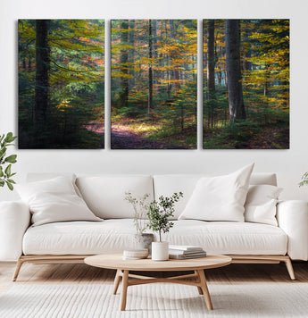 65810864-MGV-CV-36X24-Autumn Forest Wall Art Canvas Print, Framed Fall Woodland Art Picture Print, Golden Leaves Perfect Rustic Farmhouse Decor Artwork